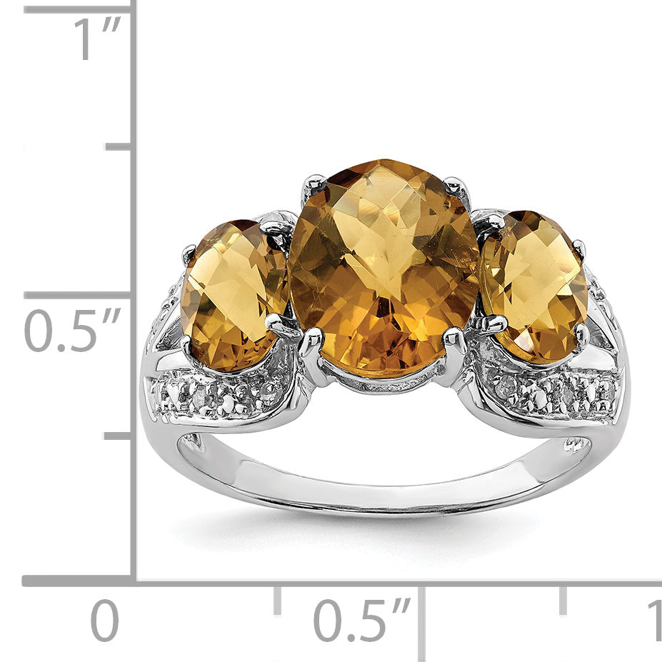 Sterling Silver Rhodium Oval Checker Cut Whiskey Quartz & Diamond Ring