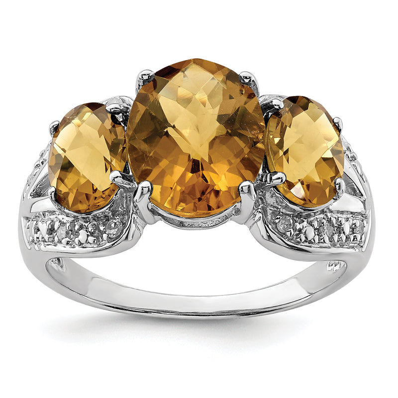 Sterling Silver Rhodium Oval Checker Cut Whiskey Quartz & Diamond Ring