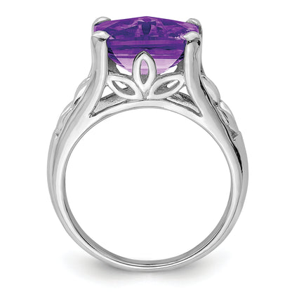 Sterling Silver Rhodium Plated Checker Cut Amethyst Ring (Size 5 Only)