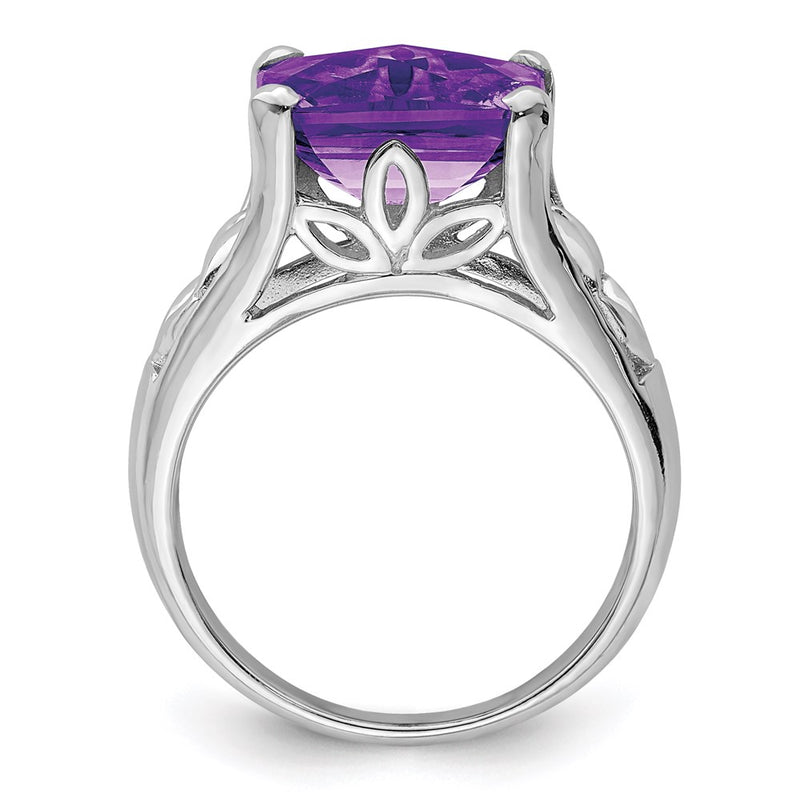 Sterling Silver Rhodium Plated Checker Cut Amethyst Ring (Size 5 Only)