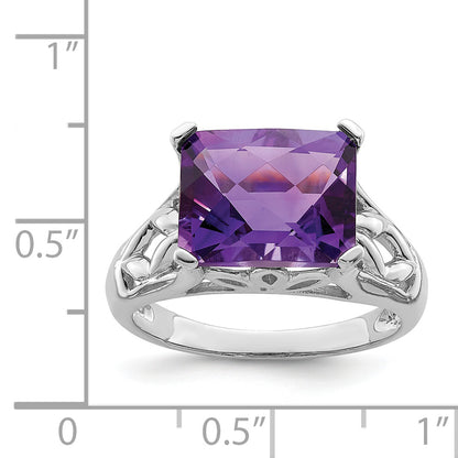Sterling Silver Rhodium Plated Checker Cut Amethyst Ring (Size 5 Only)