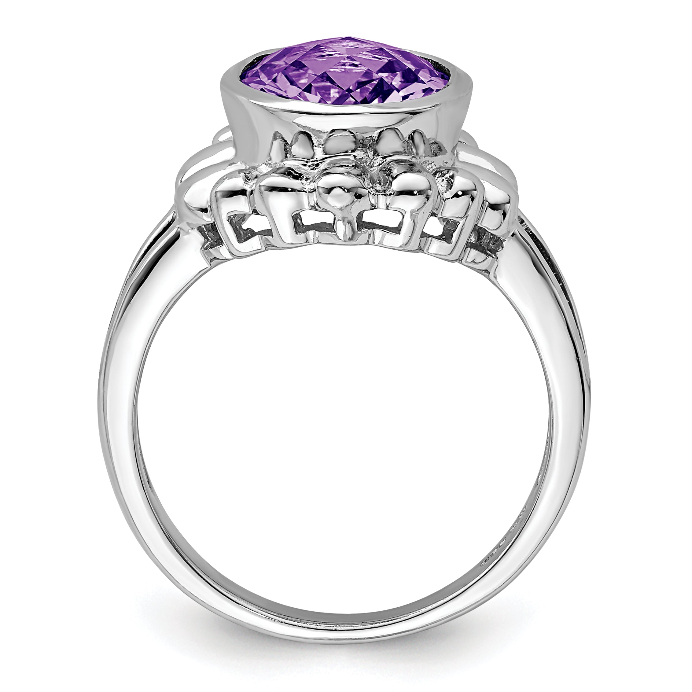 Sterling Silver Rhodium Plated Oval Checker Cut Amethyst Ring (Size 7 Only)