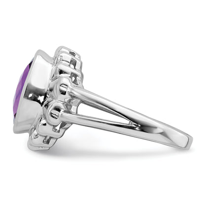 Sterling Silver Rhodium Plated Oval Checker Cut Amethyst Ring (Size 7 Only)