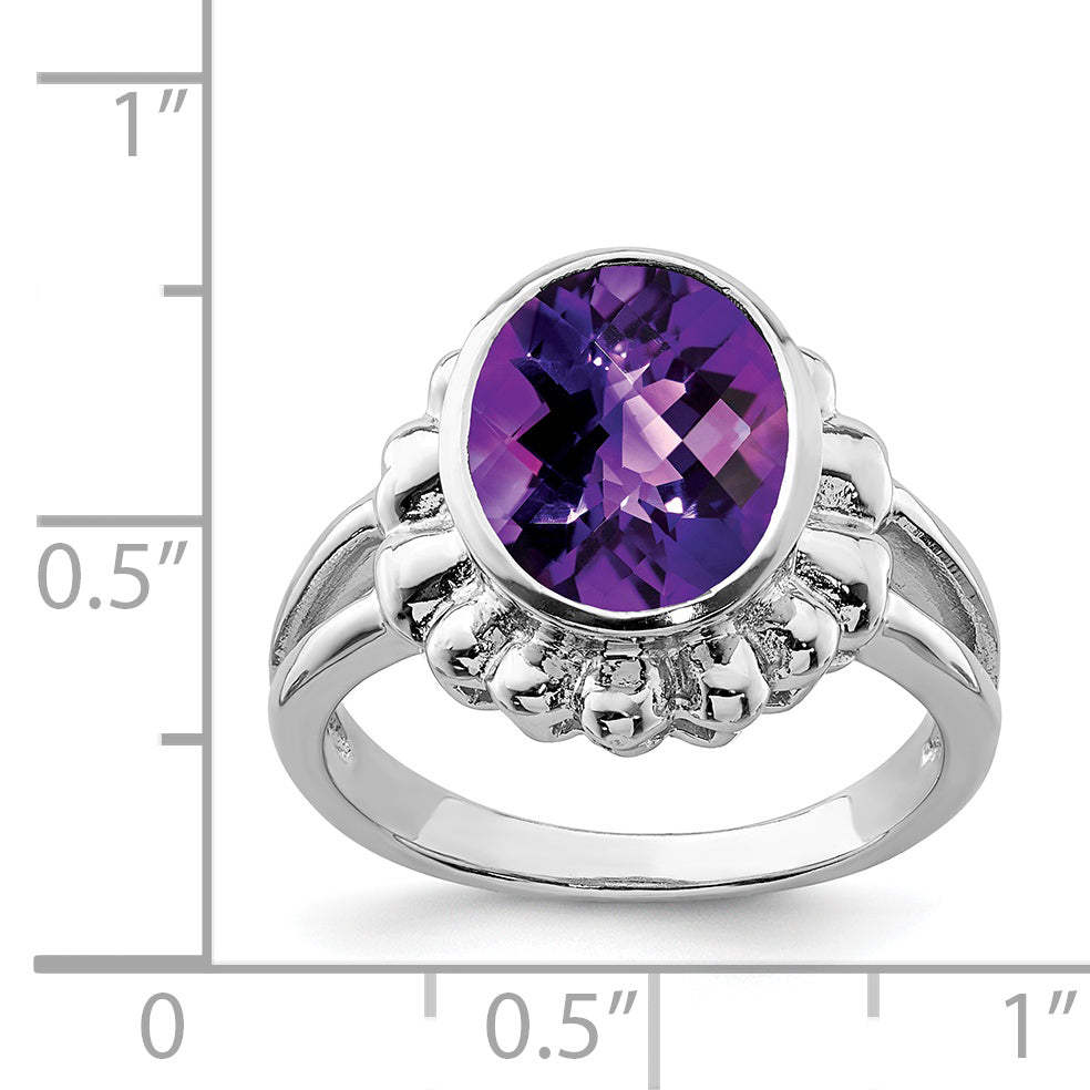 Sterling Silver Rhodium Plated Oval Checker Cut Amethyst Ring (Size 7 Only)