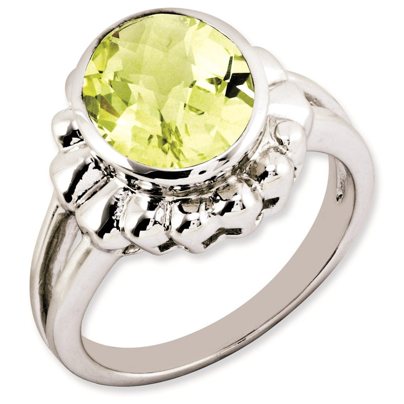 Sterling Silver Rhodium Plated Oval Checker Cut Lemon Quartz Ring (Size 7 Only)