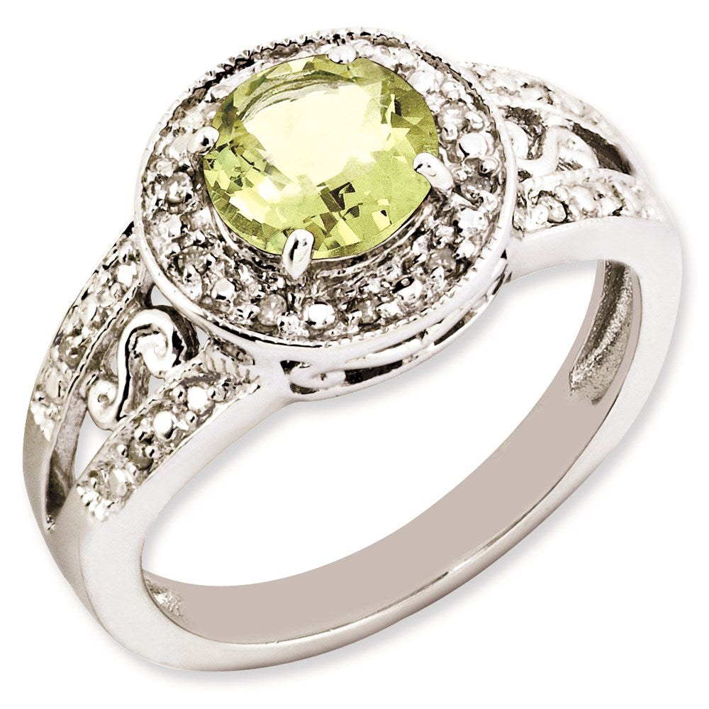 Sterling Silver Rhodium Plated Lemon Quartz & Diamond Ring (Size 7 Only)