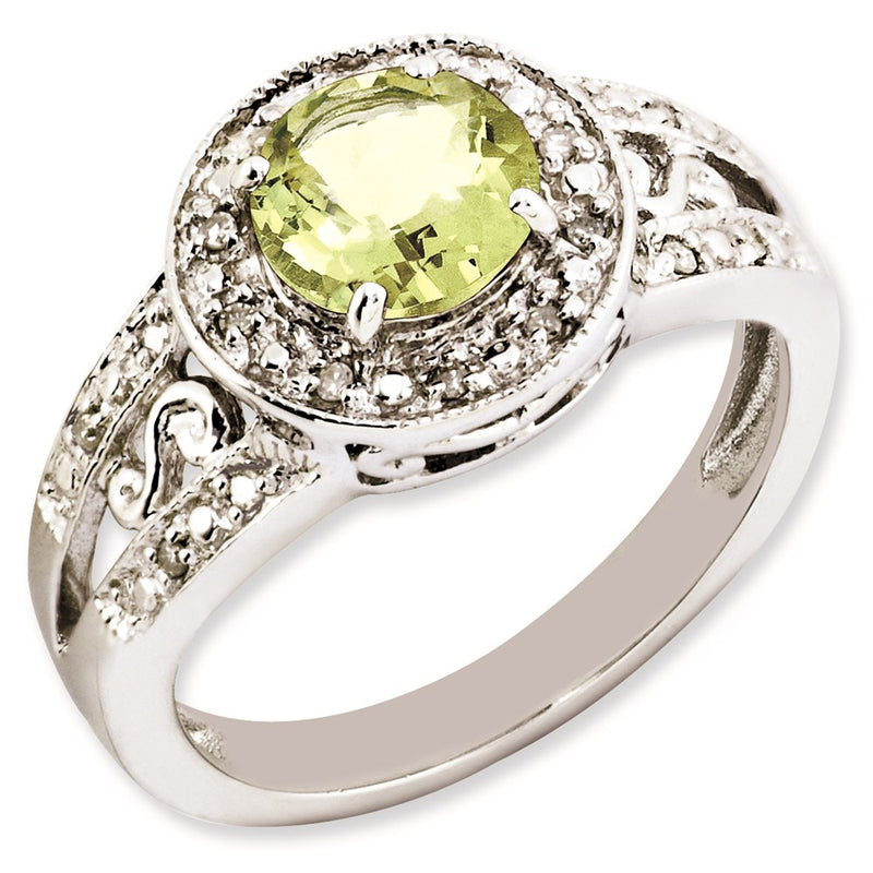 Sterling Silver Rhodium Plated Lemon Quartz & Diamond Ring (Size 7 Only)