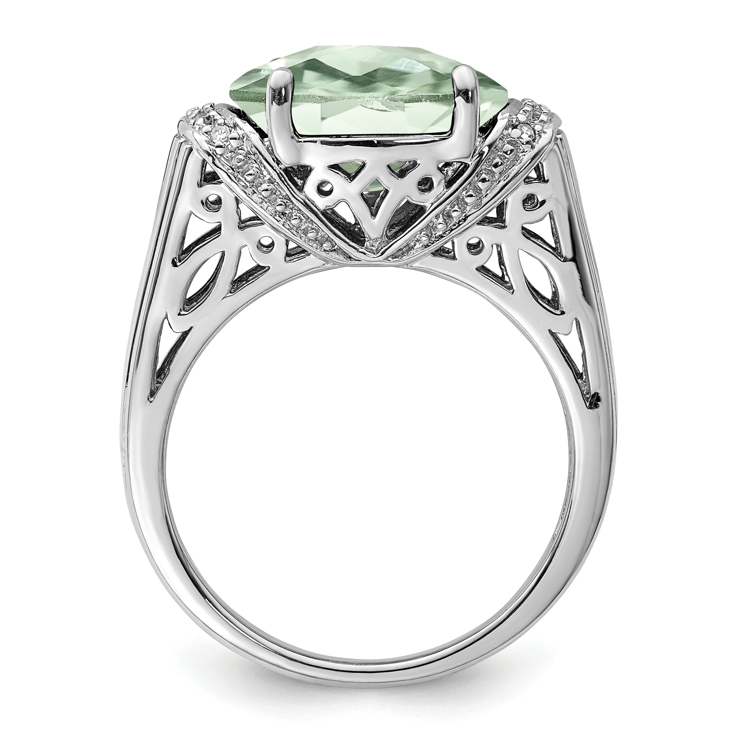 Sterling Silver Rhodium Checker Cut Green Quartz & Diamond Ring (Size 9 Only)