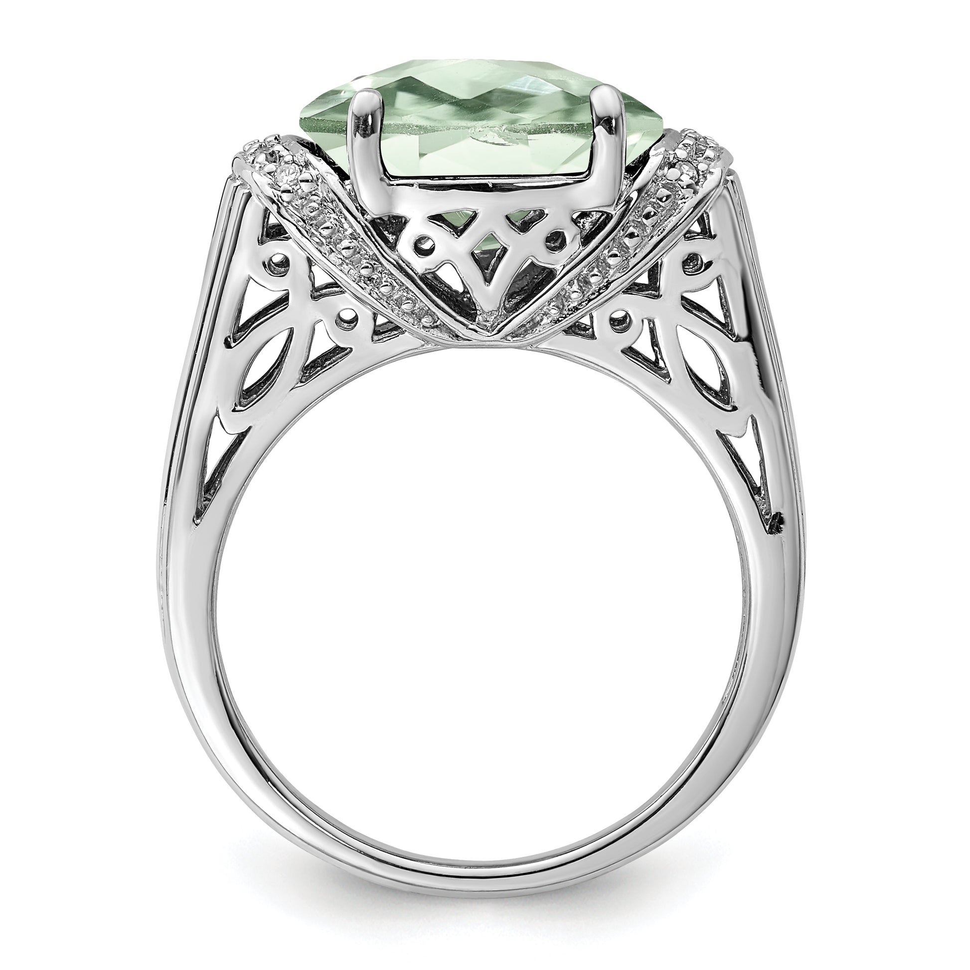 Sterling Silver Rhodium Checker Cut Green Quartz & Diamond Ring (Size 9 Only)