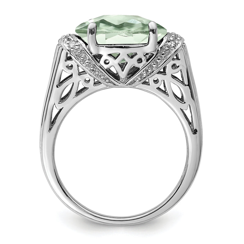 Sterling Silver Rhodium Checker Cut Green Quartz & Diamond Ring (Size 9 Only)