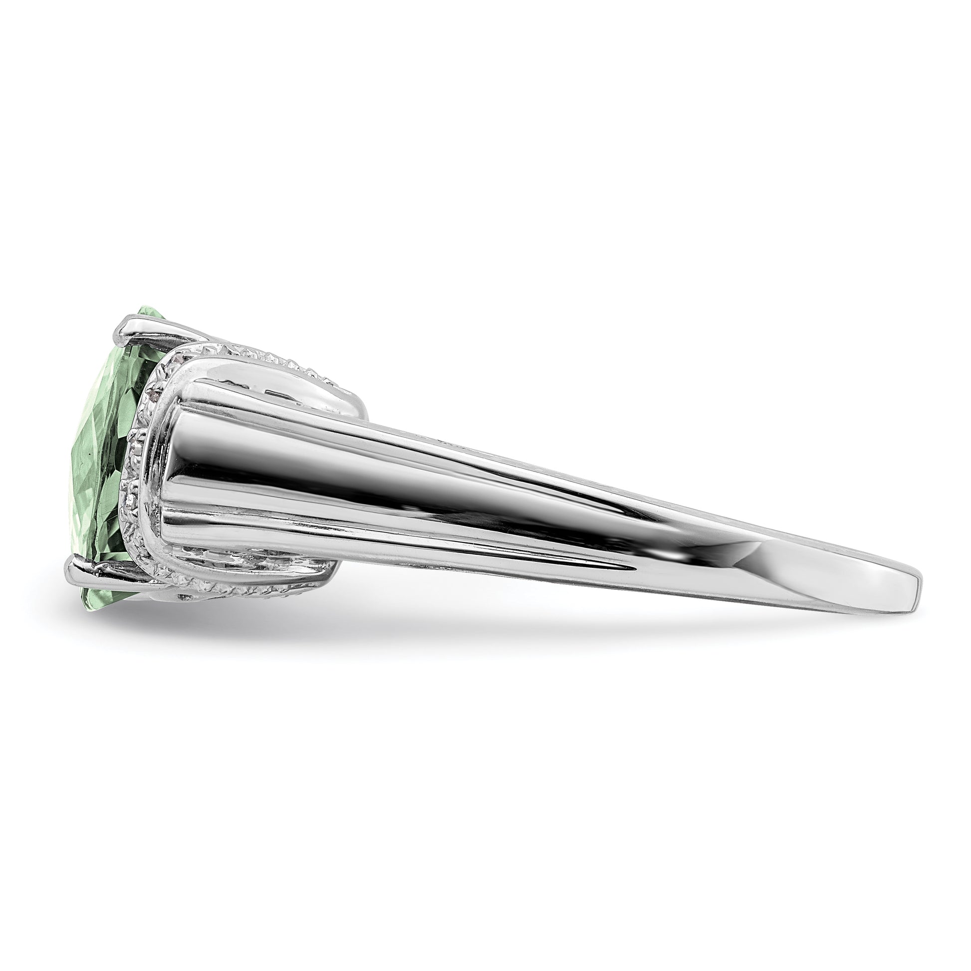 Sterling Silver Rhodium Checker Cut Green Quartz & Diamond Ring (Size 9 Only)