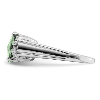 Sterling Silver Rhodium Checker Cut Green Quartz & Diamond Ring (Size 9 Only)