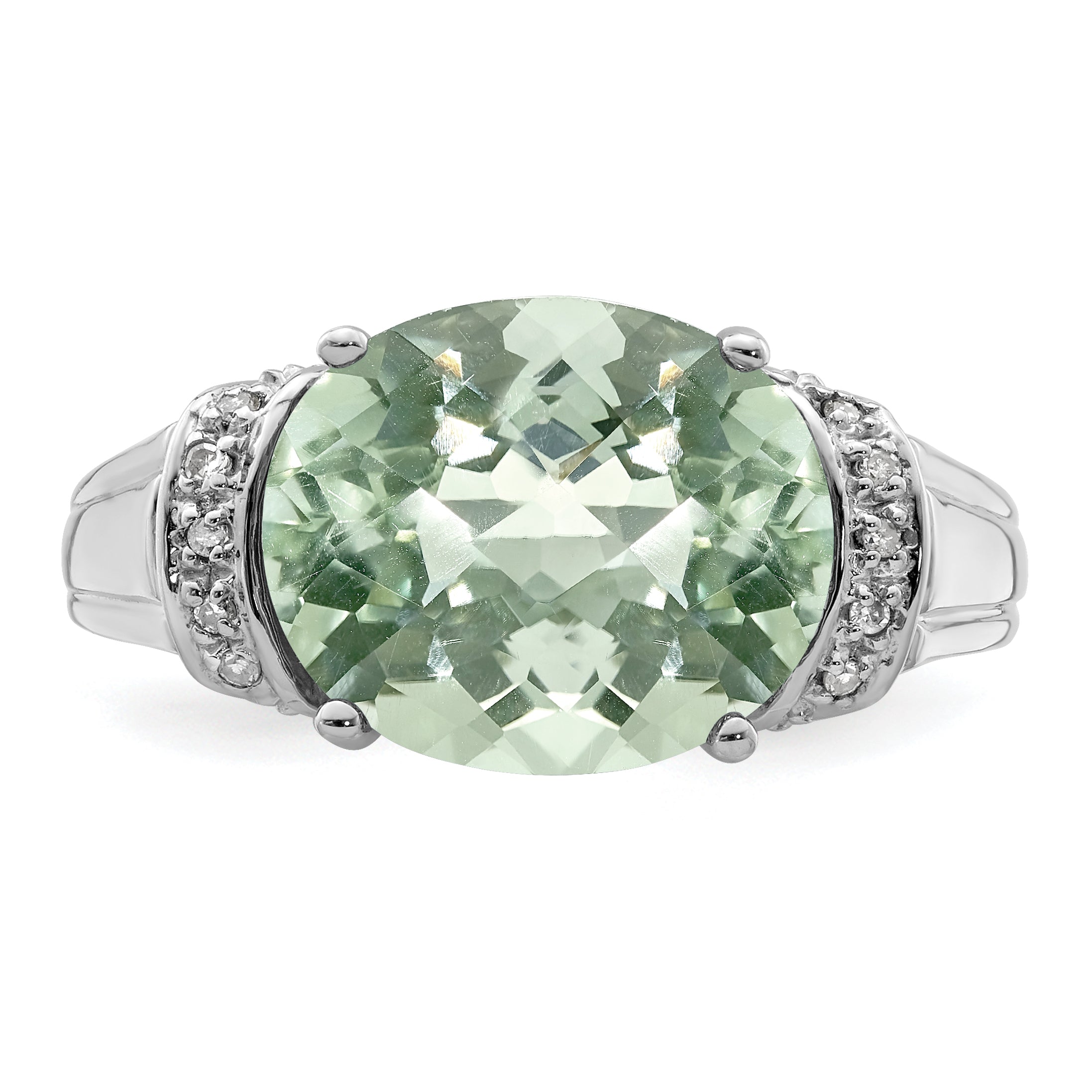 Sterling Silver Rhodium Checker Cut Green Quartz & Diamond Ring (Size 9 Only)