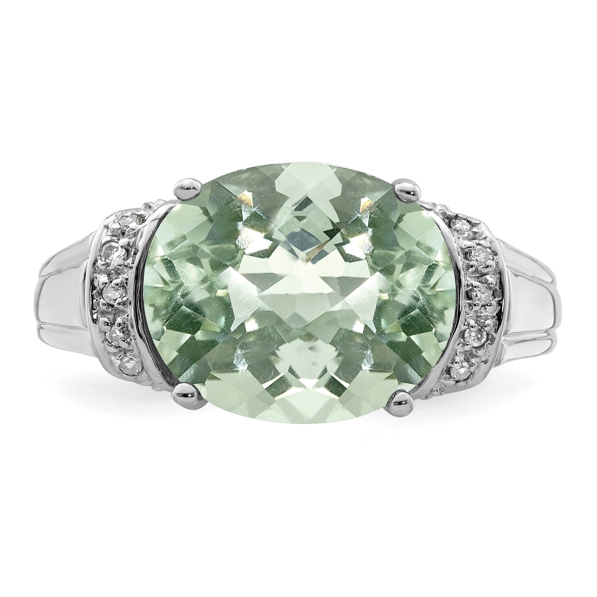 Sterling Silver Rhodium Checker Cut Green Quartz & Diamond Ring (Size 9 Only)