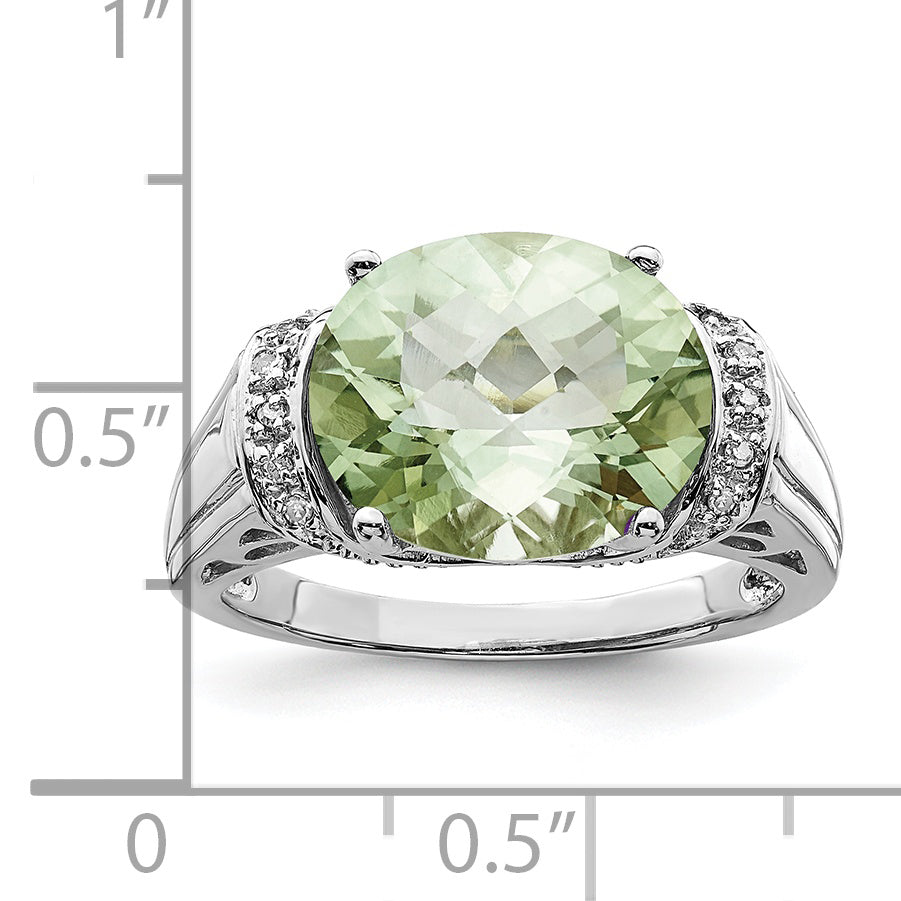 Sterling Silver Rhodium Checker Cut Green Quartz & Diamond Ring (Size 9 Only)