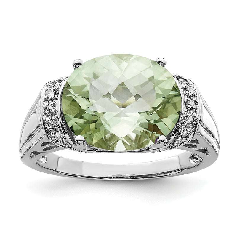Sterling Silver Rhodium Checker Cut Green Quartz & Diamond Ring (Size 9 Only)