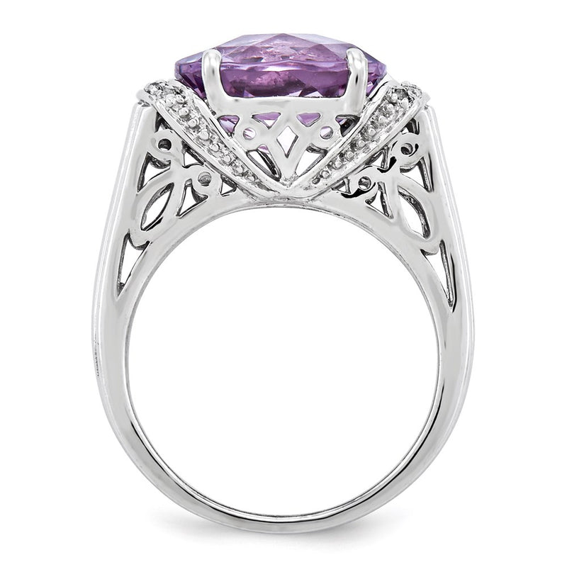 Sterling Silver Rhodium Plated Checker Cut Pink Quartz Ring