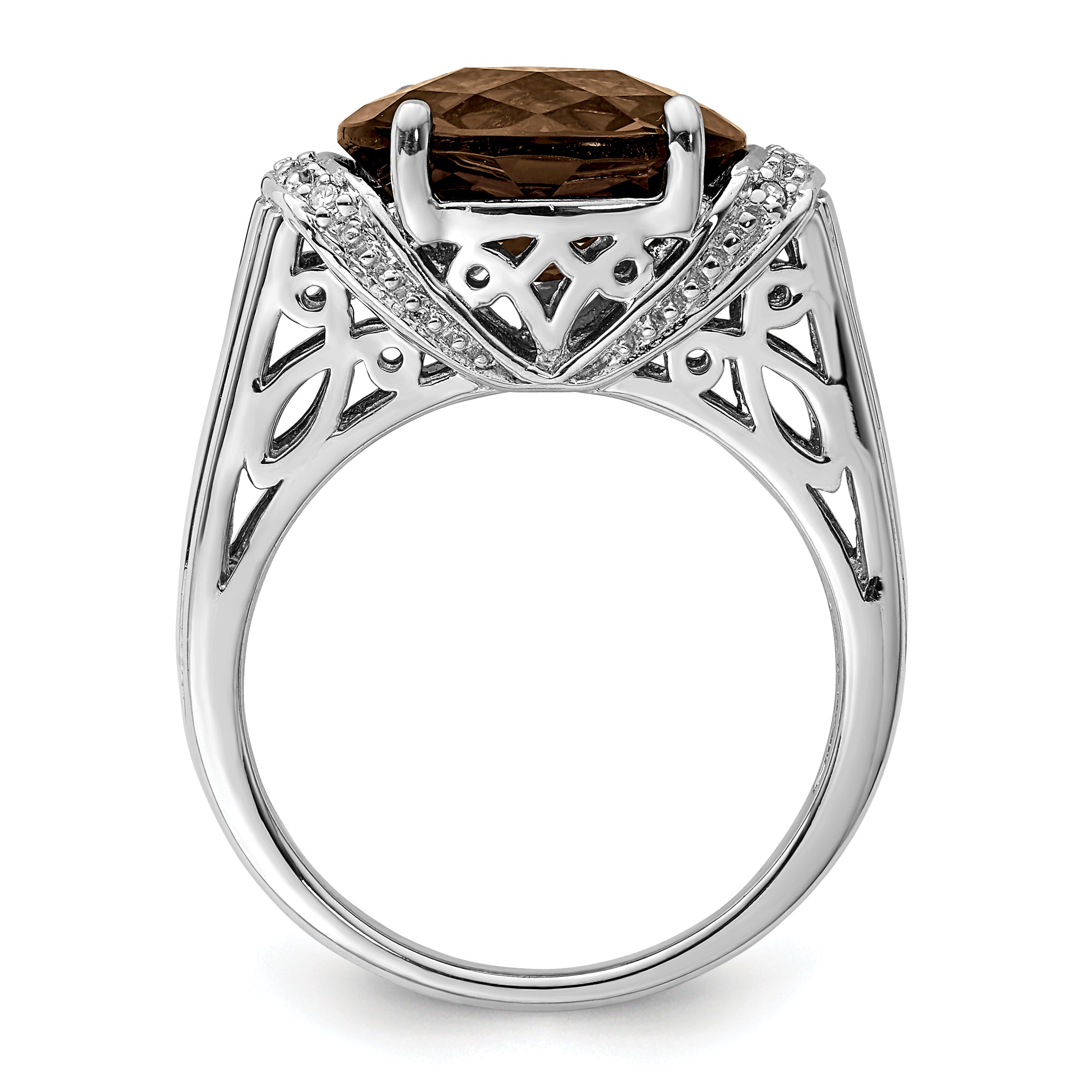 Sterling Silver Rhodium Checker Cut Smoky Quartz & Diamond Ring