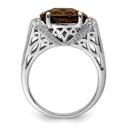 Sterling Silver Rhodium Checker Cut Smoky Quartz & Diamond Ring