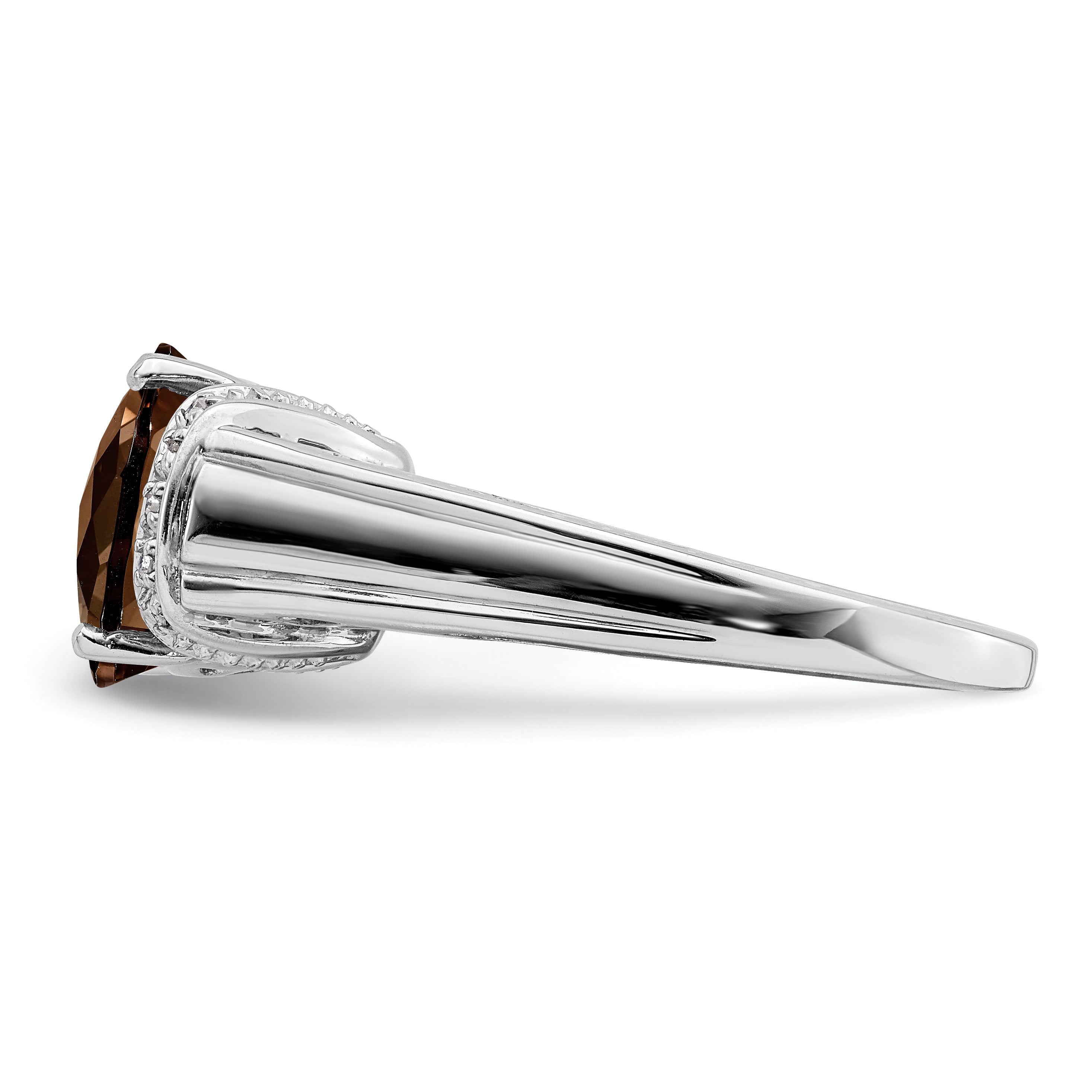 Sterling Silver Rhodium Checker Cut Smoky Quartz & Diamond Ring