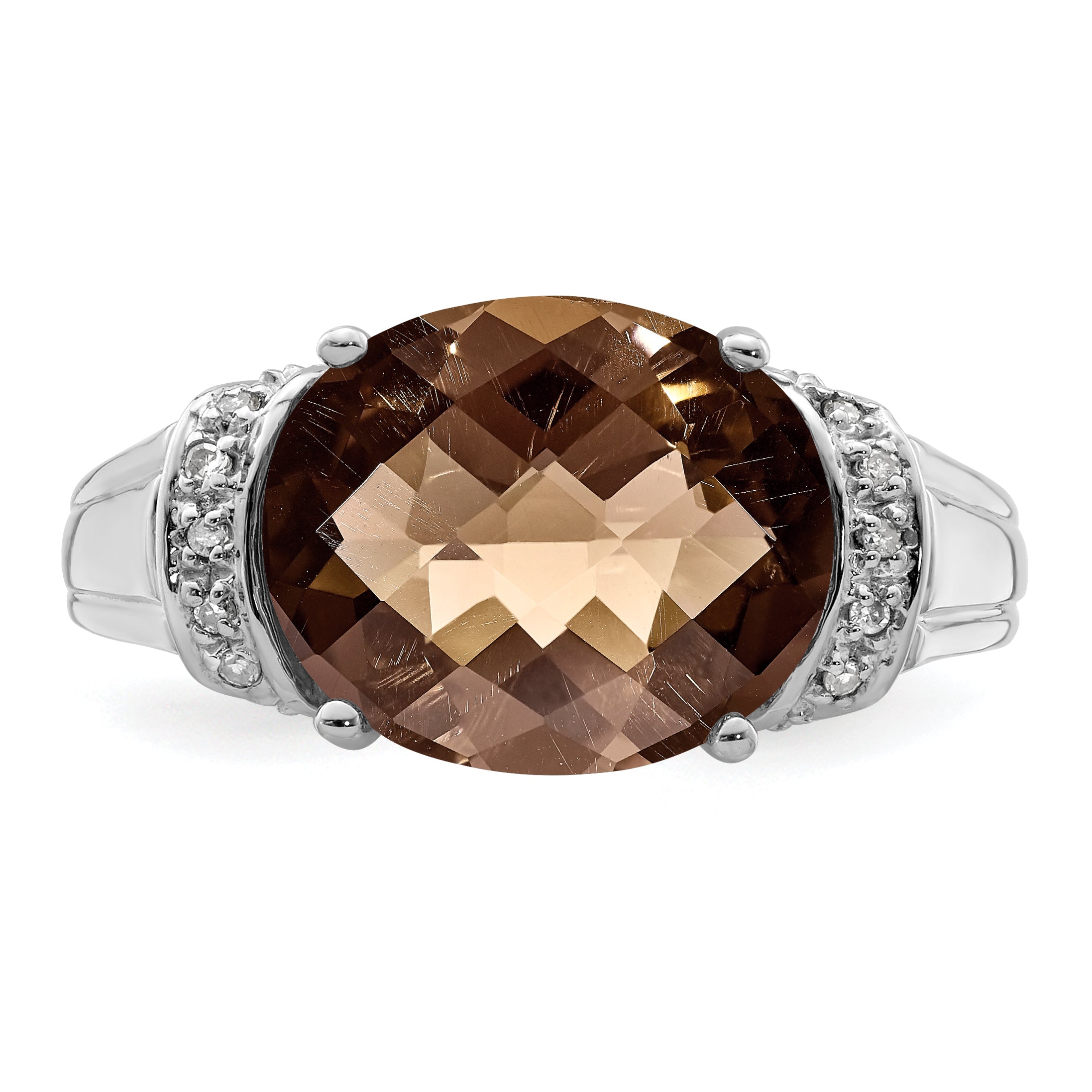 Sterling Silver Rhodium Checker Cut Smoky Quartz & Diamond Ring