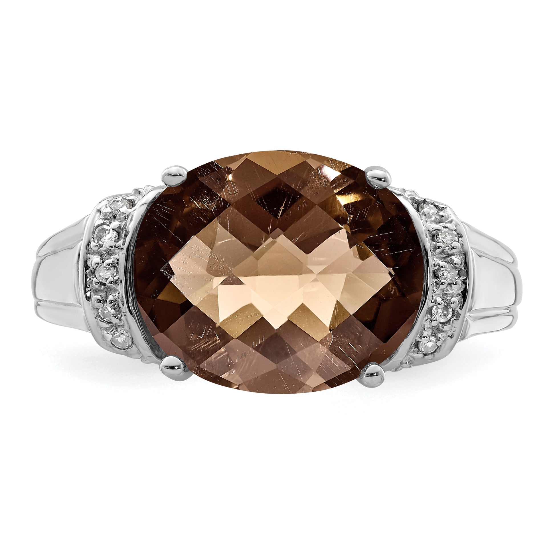 Sterling Silver Rhodium Checker Cut Smoky Quartz & Diamond Ring
