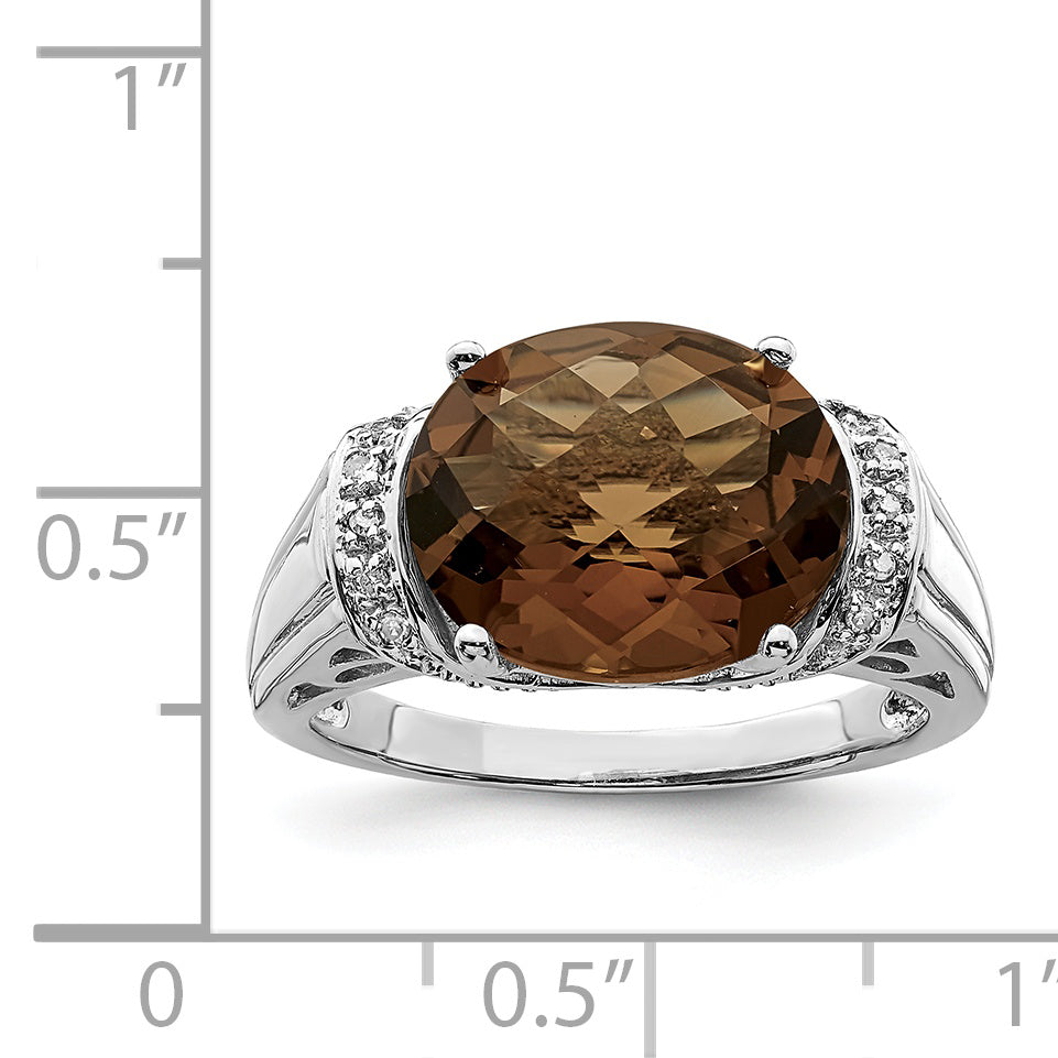 Sterling Silver Rhodium Checker Cut Smoky Quartz & Diamond Ring