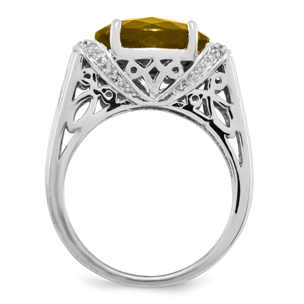 Sterling Silver Rhodium Plated Checker Cut Whiskey Quartz Ring