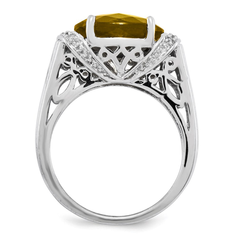 Sterling Silver Rhodium Plated Checker Cut Whiskey Quartz Ring