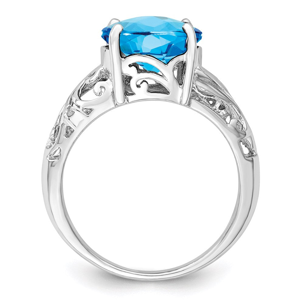 Sterling Silver Rhodium Checker Cut Blue Topaz & Diamond Ring (Size 7 Only)