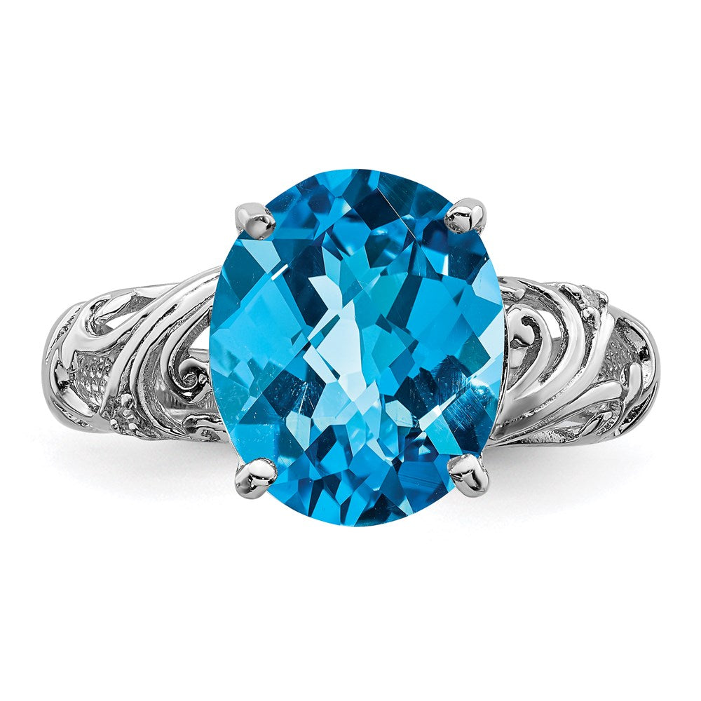 Sterling Silver Rhodium Checker Cut Blue Topaz & Diamond Ring (Size 7 Only)