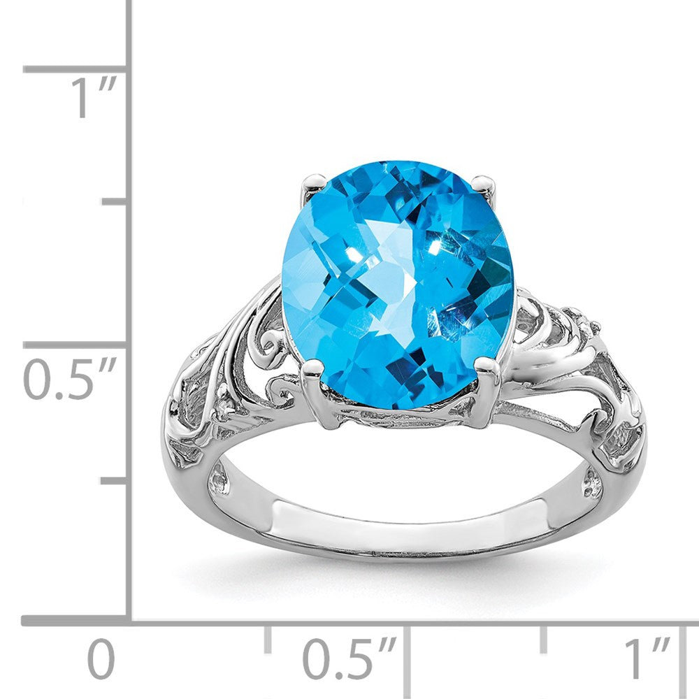 Sterling Silver Rhodium Checker Cut Blue Topaz & Diamond Ring (Size 7 Only)