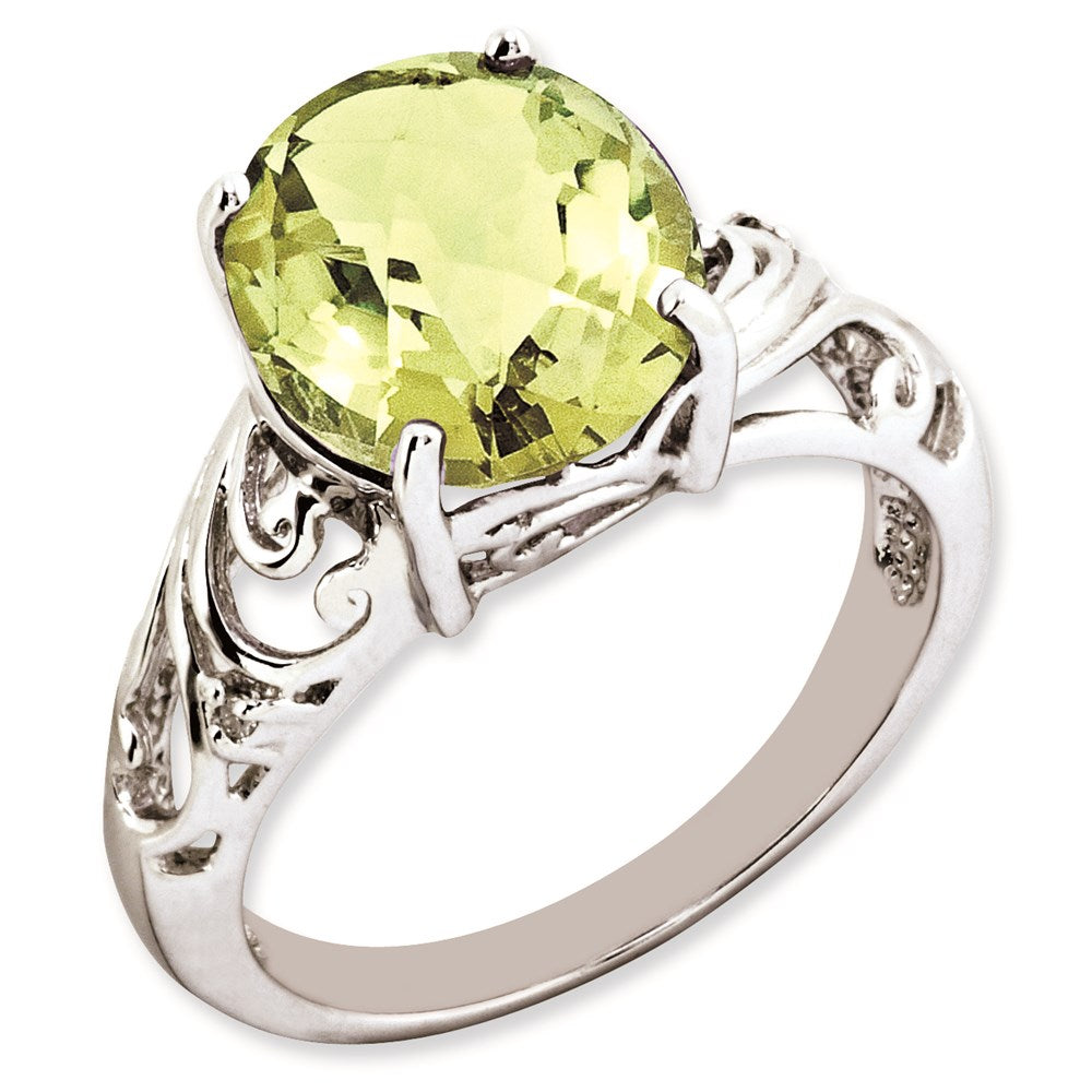 Sterling Silver Rh Plated Oval Checker Cut Lemon Quartz & Diamond Ring (Size 7 Only)