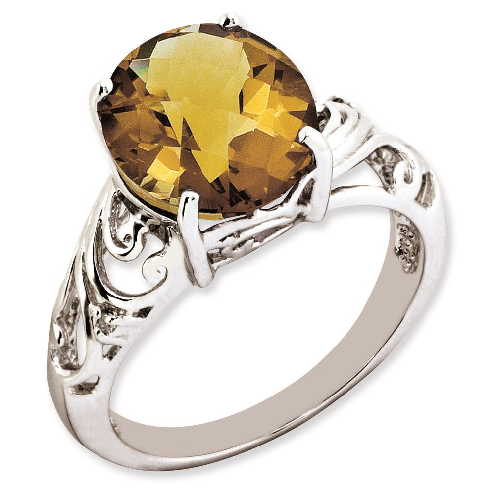 Sterling Silver Rh Plated Oval Checker Cut Whiskey Quartz & Diamond Ring (Size 7 Only)