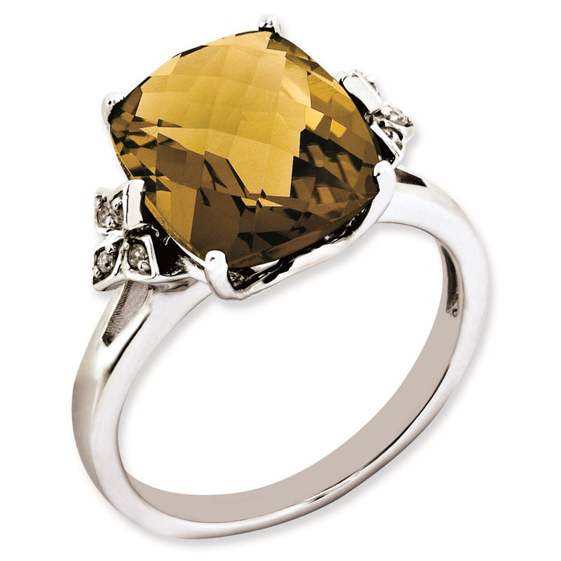 Sterling Silver Rh Plated Checker Cut Whiskey Quartz & Diamond Ring (Size 7 Only)