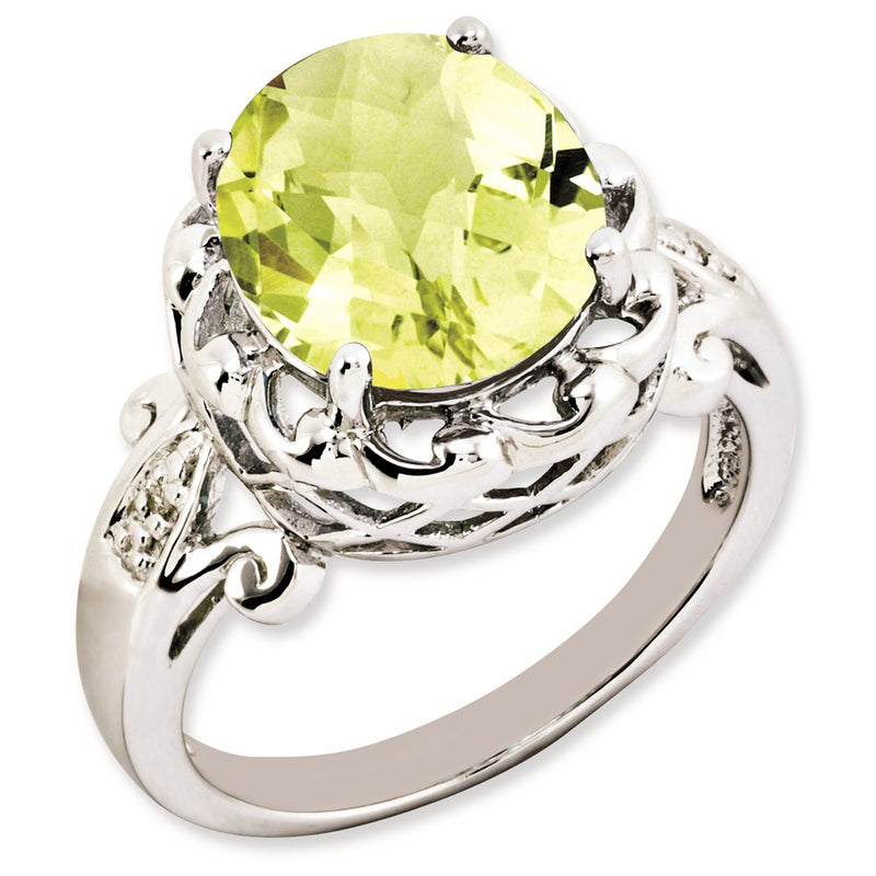Sterling Silver Rh Plated Oval Checker Cut Lemon Quartz & Diamond Ring (Size 7 Only)