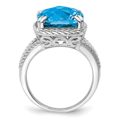 Sterling Silver Rhodium Checker Cut Blue Topaz Ring (Size 7 Only)