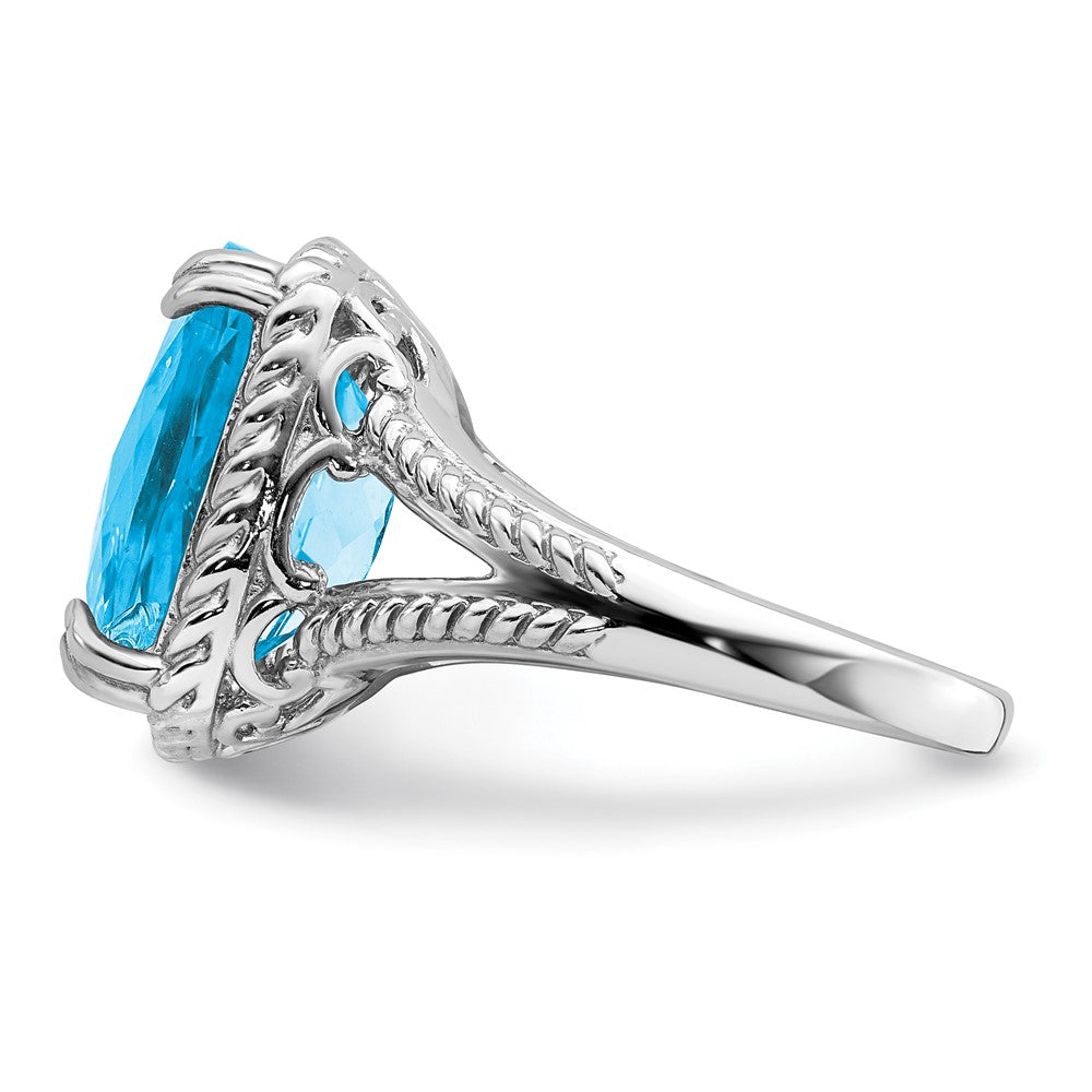 Sterling Silver Rhodium Checker Cut Blue Topaz Ring (Size 7 Only)