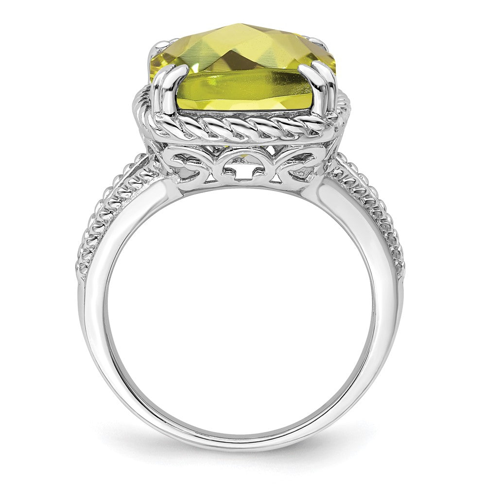 Sterling Silver Rhodium Checker Cut Lemon Quartz Ring (Size 5 Only)