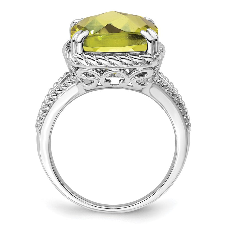 Sterling Silver Rhodium Checker Cut Lemon Quartz Ring (Size 5 Only)