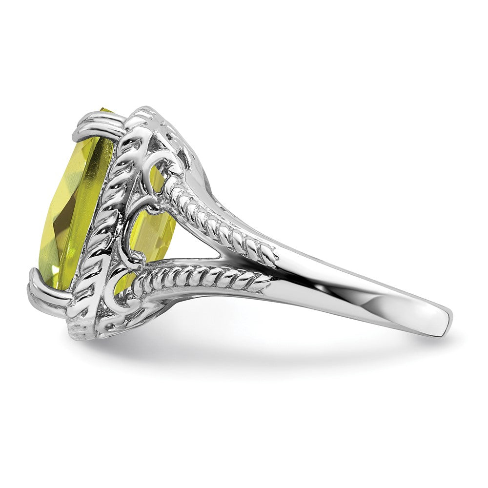Sterling Silver Rhodium Checker Cut Lemon Quartz Ring (Size 5 Only)