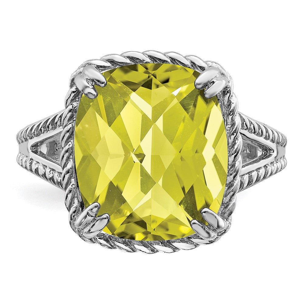 Sterling Silver Rhodium Checker Cut Lemon Quartz Ring (Size 5 Only)