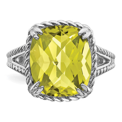 Sterling Silver Rhodium Checker Cut Lemon Quartz Ring (Size 5 Only)