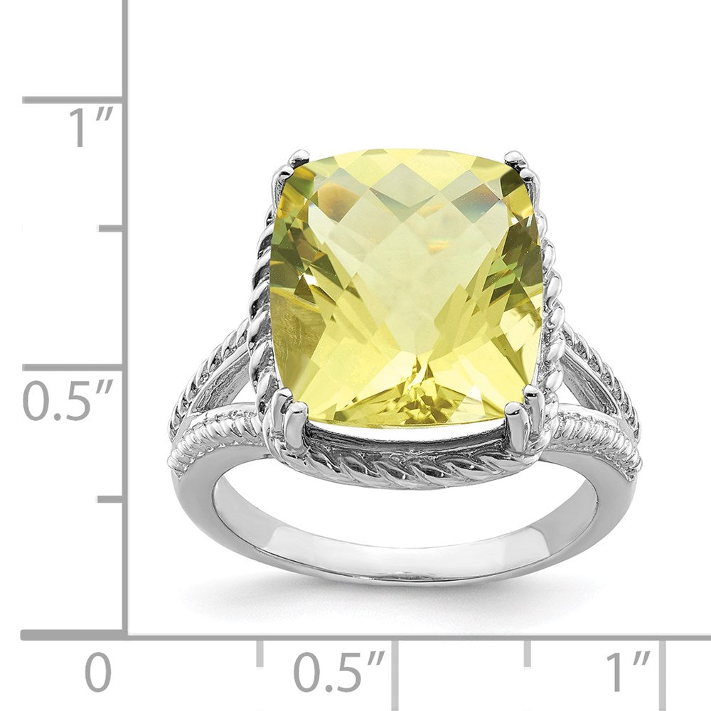 Sterling Silver Rhodium Checker Cut Lemon Quartz Ring (Size 5 Only)