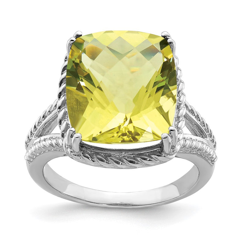 Sterling Silver Rhodium Checker Cut Lemon Quartz Ring (Size 5 Only)