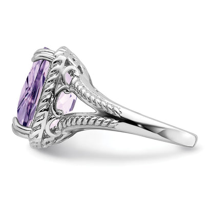 Sterling Silver Rhodium Checker Cut Pink Quartz Ring (Size 9 Only)