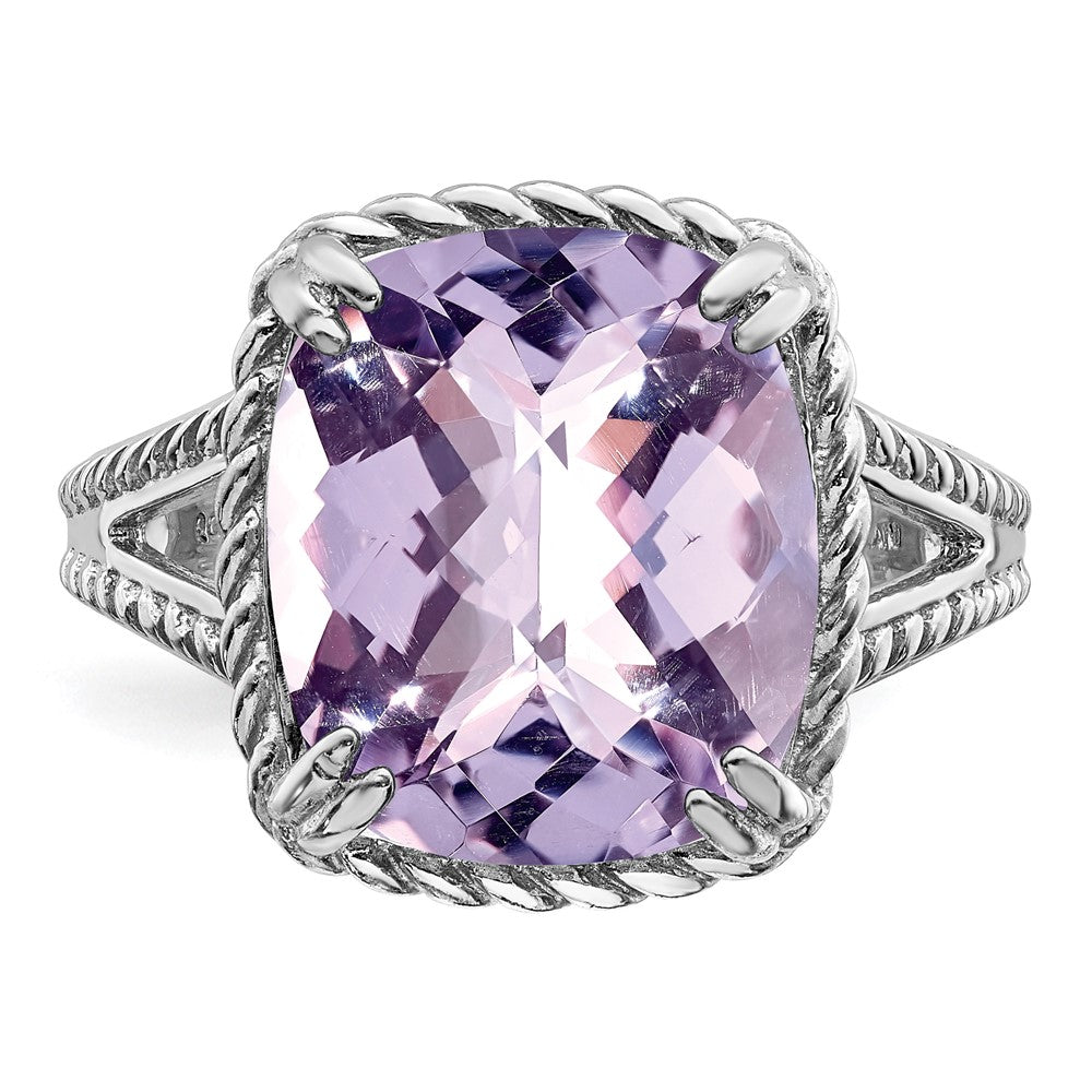 Sterling Silver Rhodium Checker Cut Pink Quartz Ring (Size 9 Only)