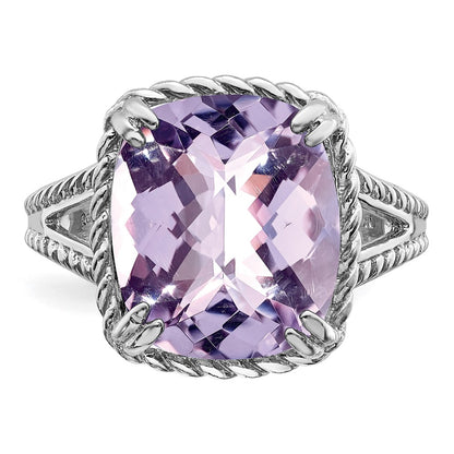 Sterling Silver Rhodium Checker Cut Pink Quartz Ring (Size 9 Only)