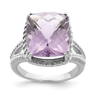 Sterling Silver Rhodium Checker Cut Pink Quartz Ring (Size 9 Only)