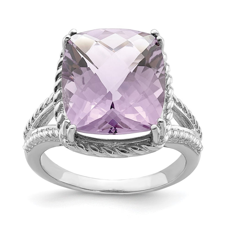 Sterling Silver Rhodium Checker Cut Pink Quartz Ring (Size 9 Only)